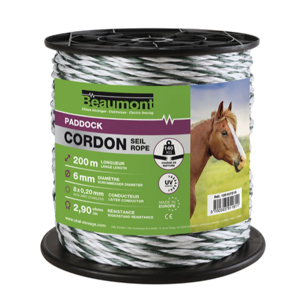 Cordon  PADDOCK Blanc et Vert  6 mm / 200 m